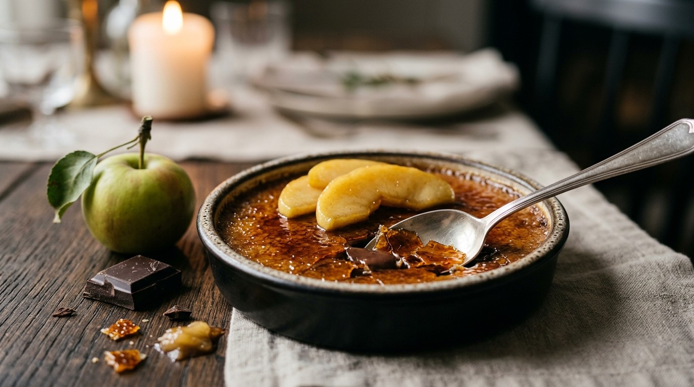 Chocolade Crème Brûlée met Gekarameliseerde Appel