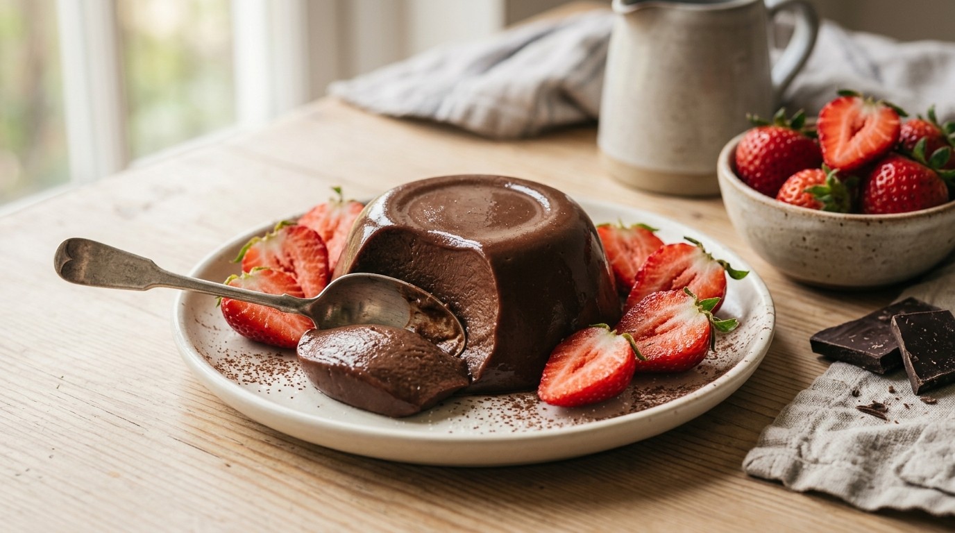 Chocolade-griesmeelpudding met Aardbeien