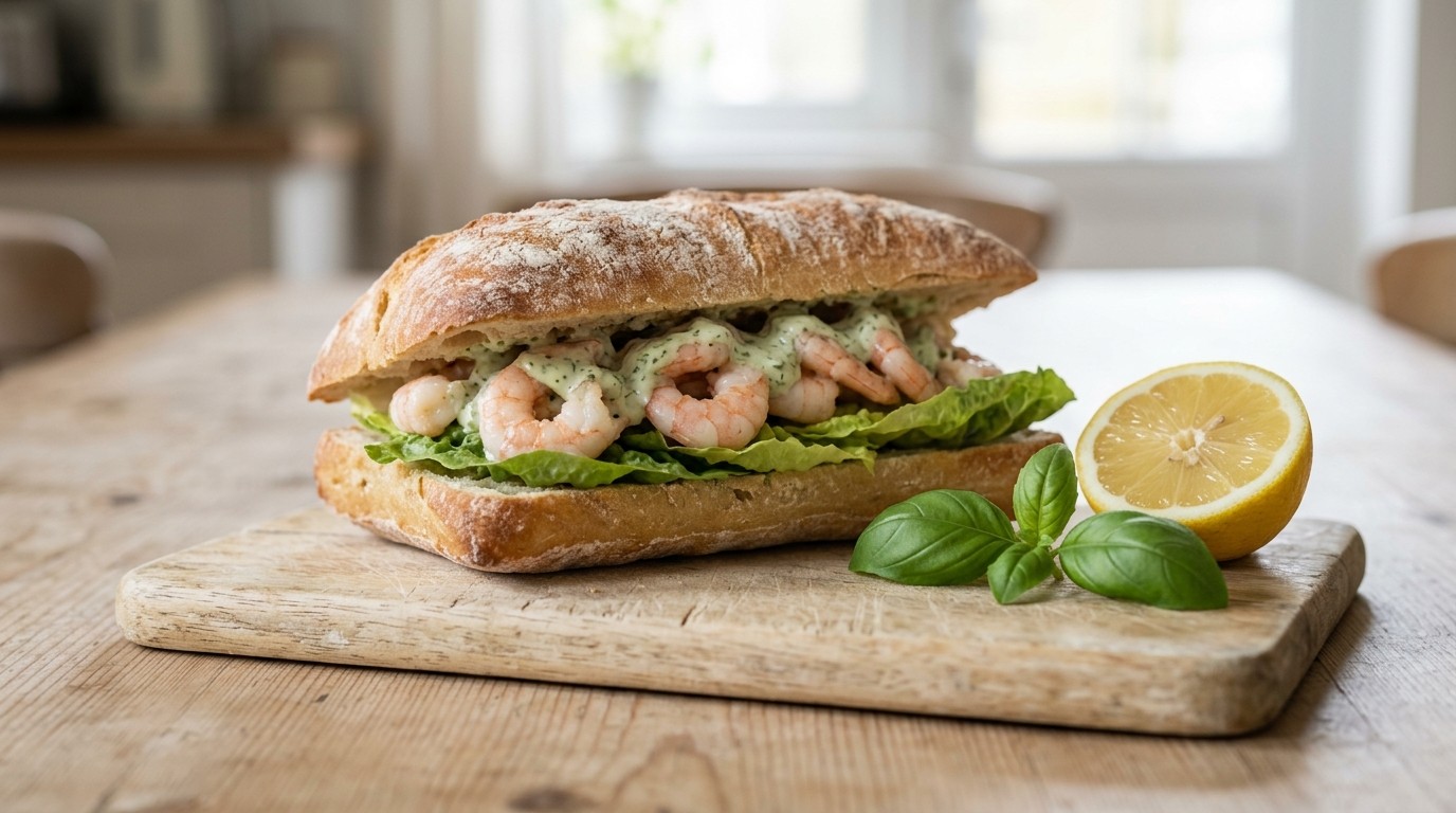Ciabatta met garnalen in basilicumsaus