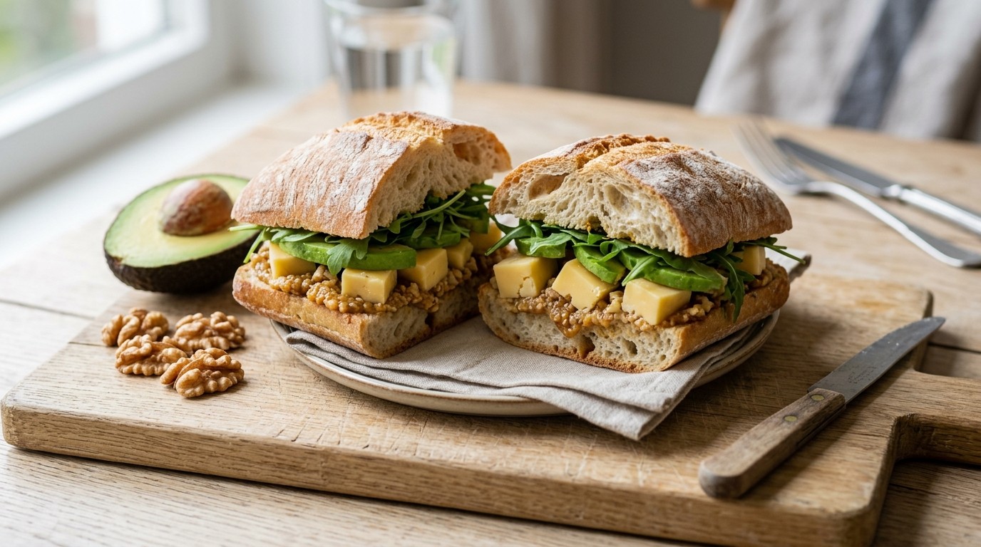 Ciabattabroodje met abdijkaas en notenspread