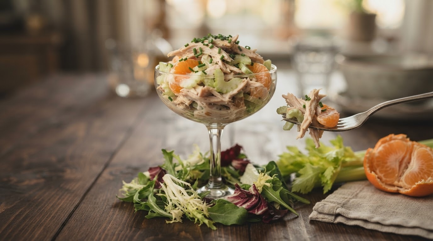 Cocktail van gerookte kip, mandarijn en bleekselderij