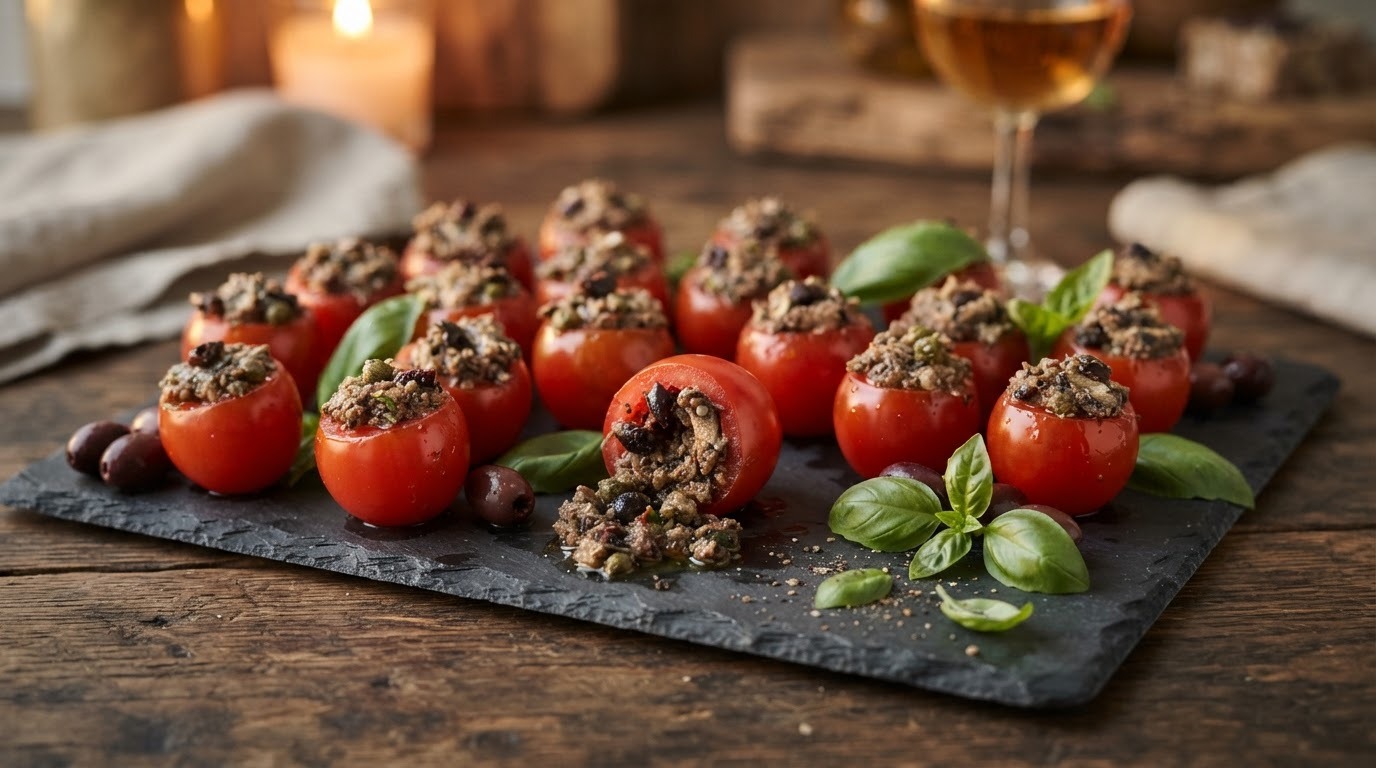 Cocktailtomaten gevuld met sardinetapenade