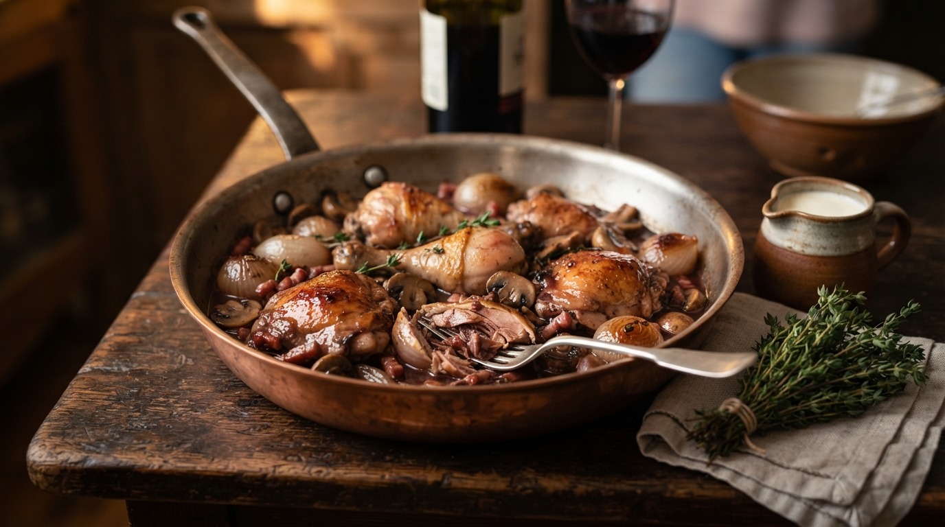 Coq au vin (kip in rode wijn)