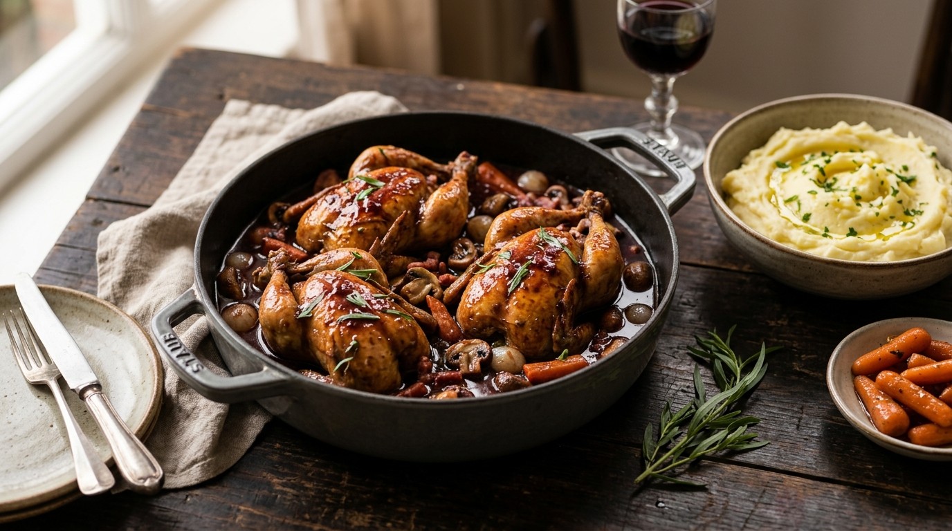 Coq au vin met Worteltjes en Puree