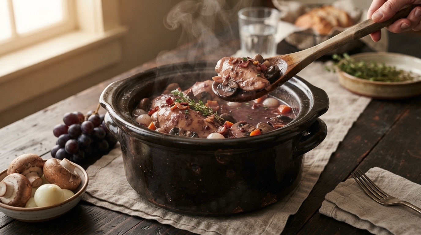 Coq au vin uit de slow cooker (zonder wijn)