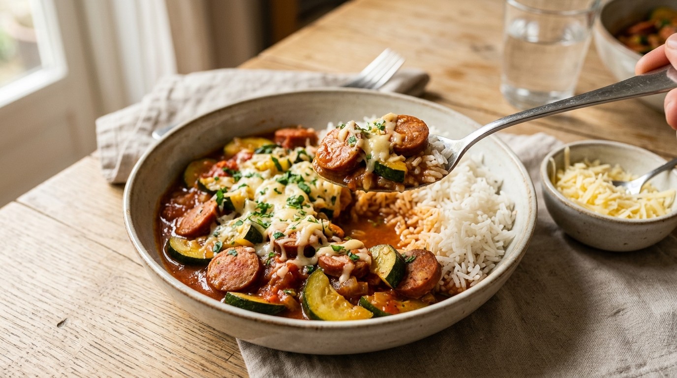 Courgette met rookworst, rijst en spagheroni
