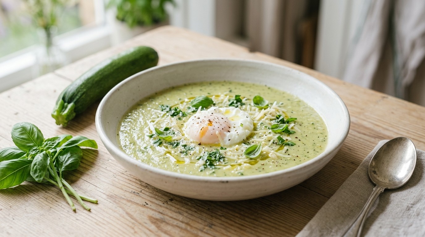 Courgettesoep met peterselie, basilicum en geraspte belegen kaas