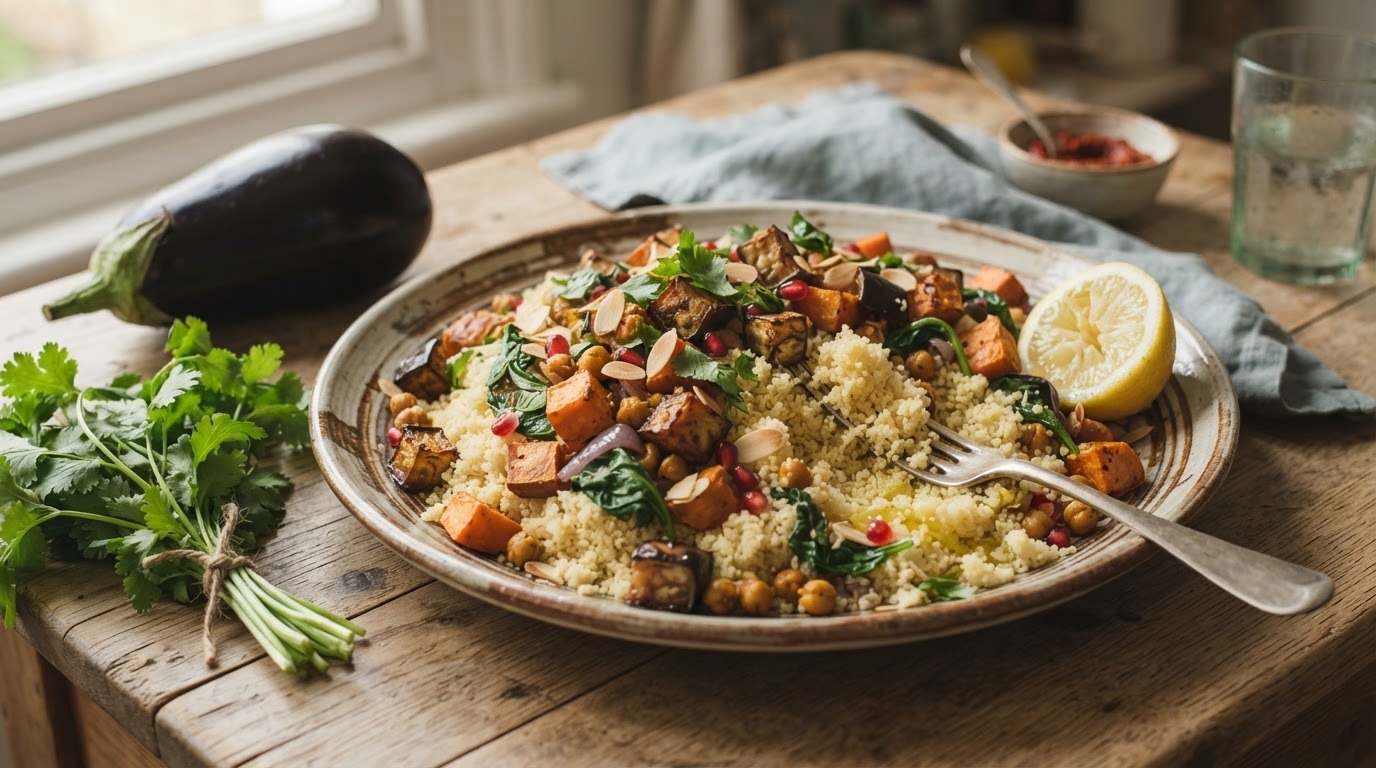 Couscous met aubergine en zoete aardappel