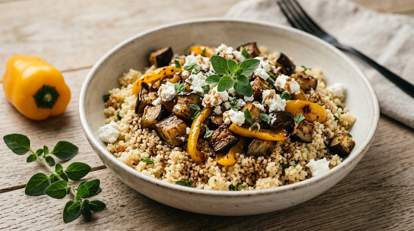 Couscous met Aubergine, Geitenkaas, Paprika en Balsamicodressing
