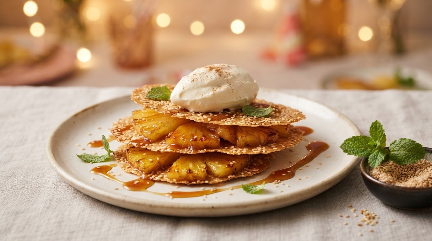 Creatie van ananas met sesamgalettes