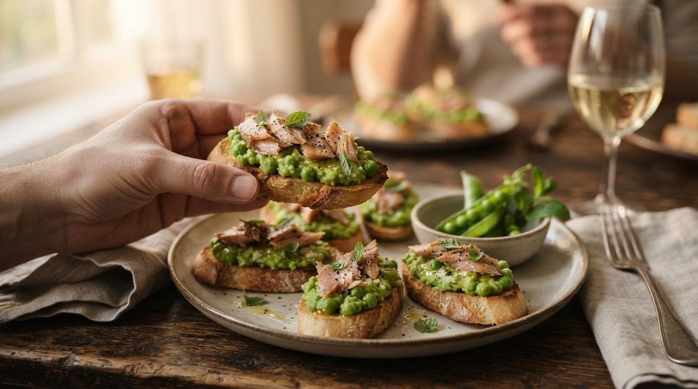 Crostini met doperwtenpuree en gerookte forel
