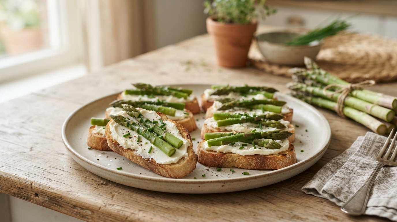 Crostini met monchou en groene asperges