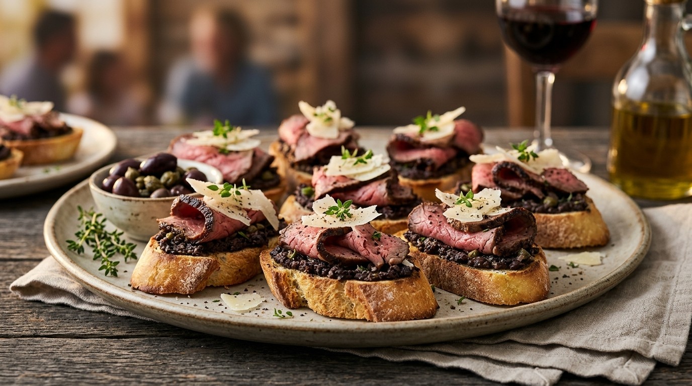 Crostini met rundercarpaccio en olijventapenade