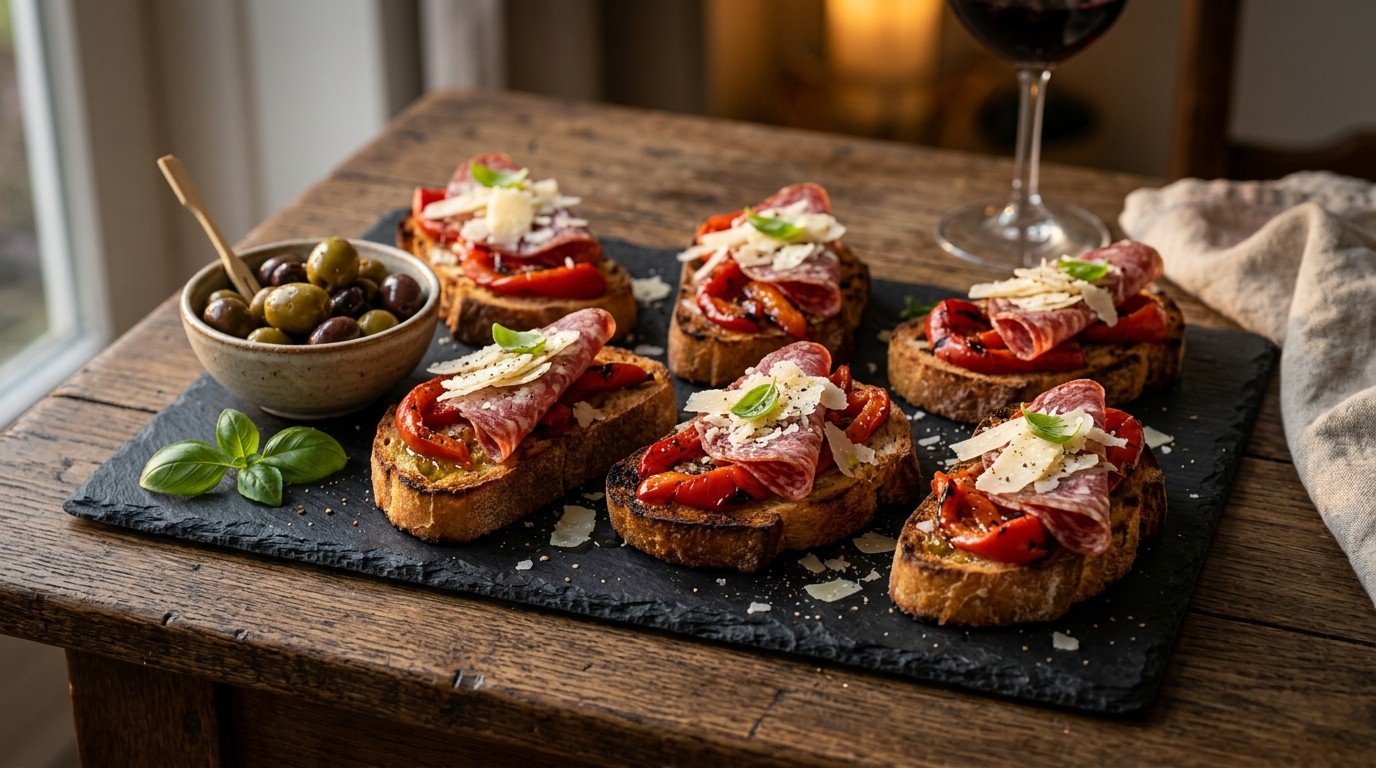 Crostini met salami, rode paprika en parmezaanse kaas
