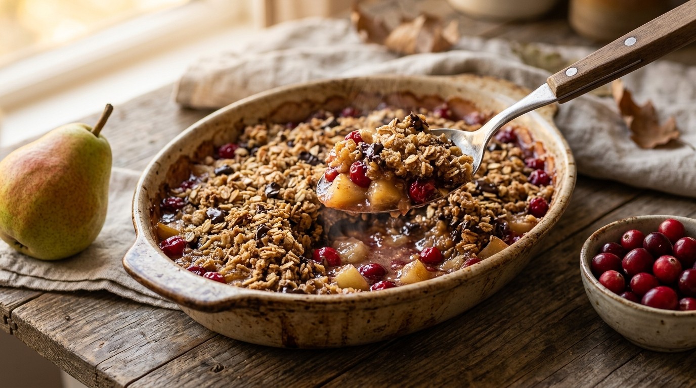 Crumble van Peren met Cranberry's