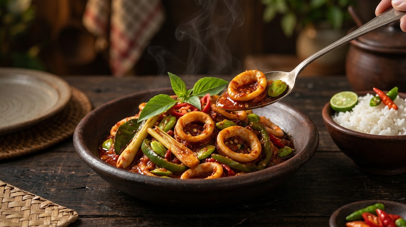 Cumi Balado Dengan (gestoofde Inktvis in Zeer Pittige Saus)