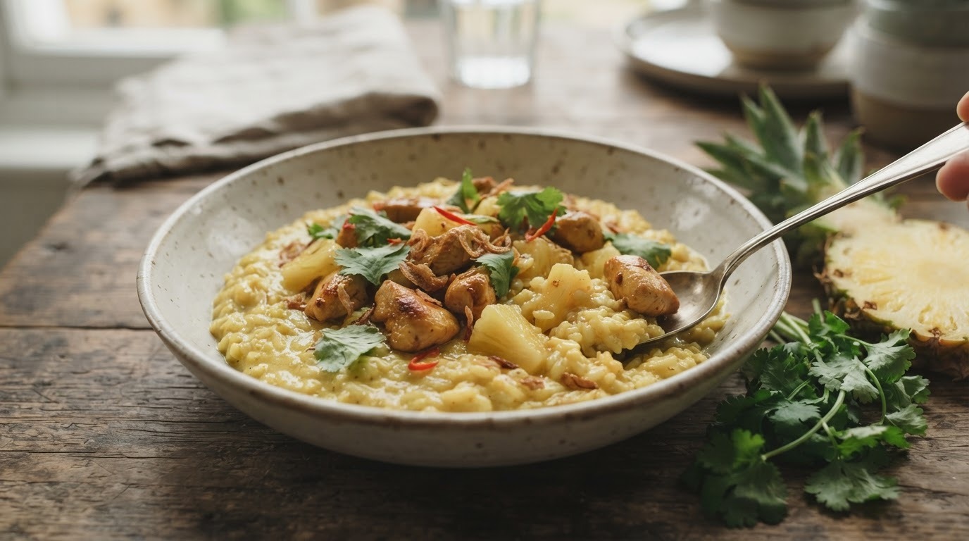 Curry-Kokos risotto met kip en ananas