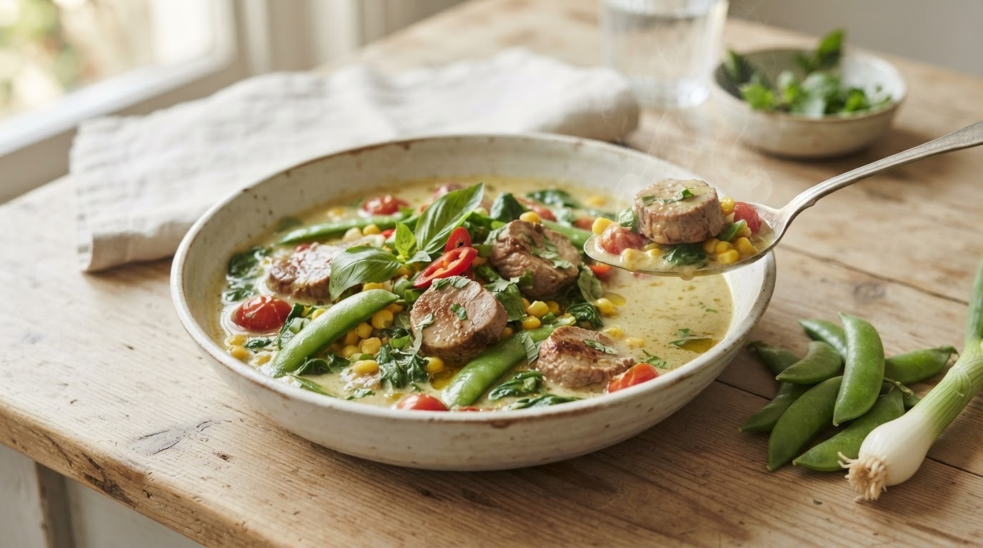 Curry van Varkenshaas en Voorjaarsgroenten