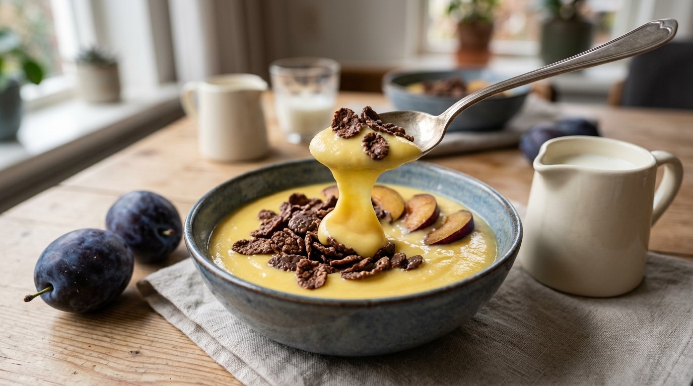 Custardpap met cornflakes en rozijnen