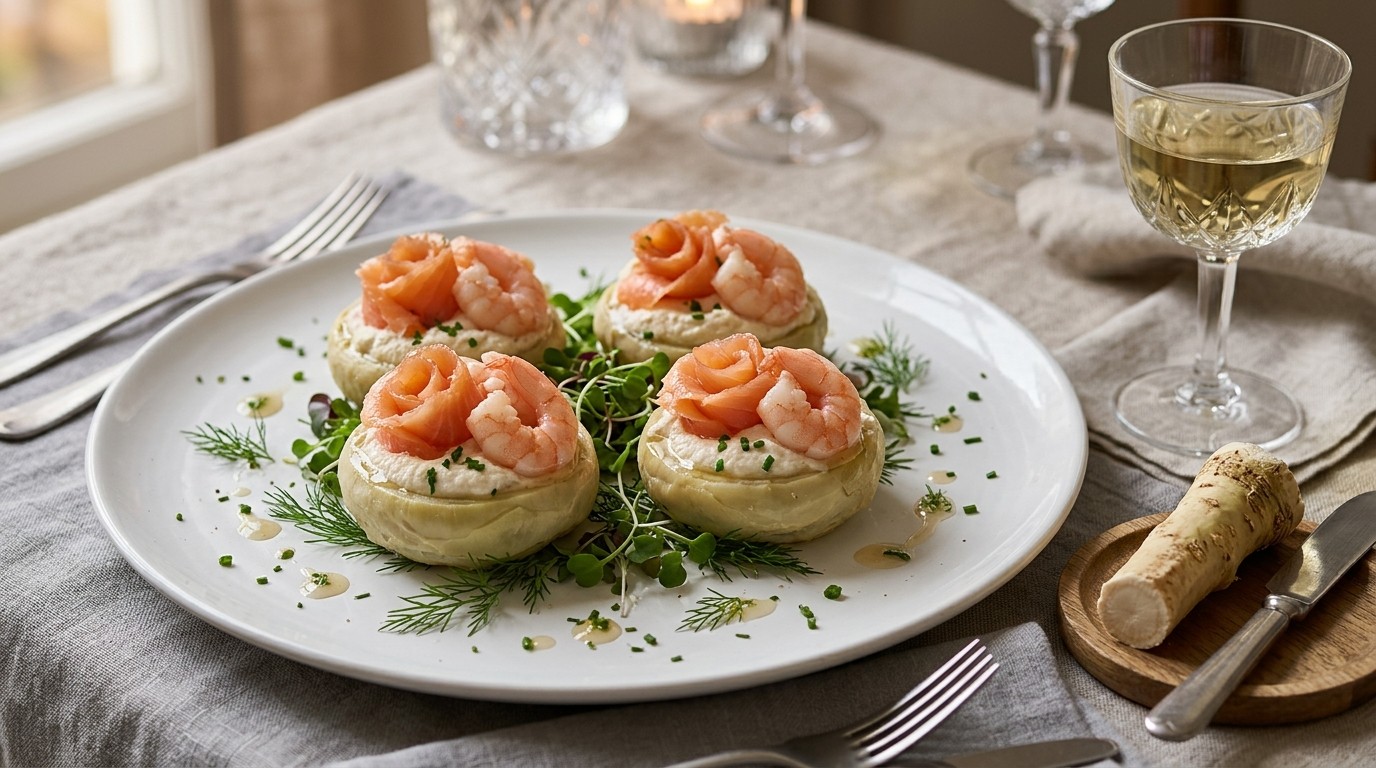 D'Artichauts au Saumon et aux Crevettes Fonds