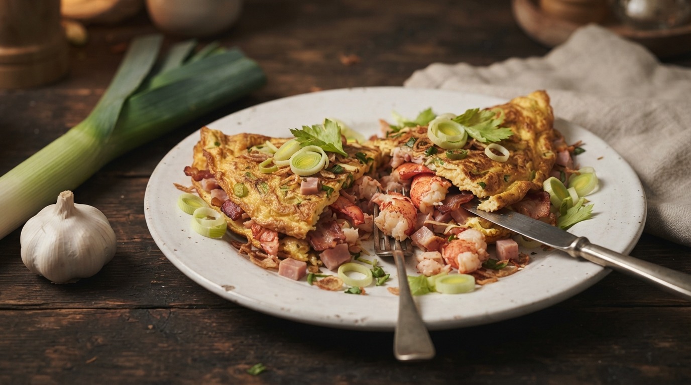 Dadar telor undang karang (omelet met kreeft, rookspek en ham)