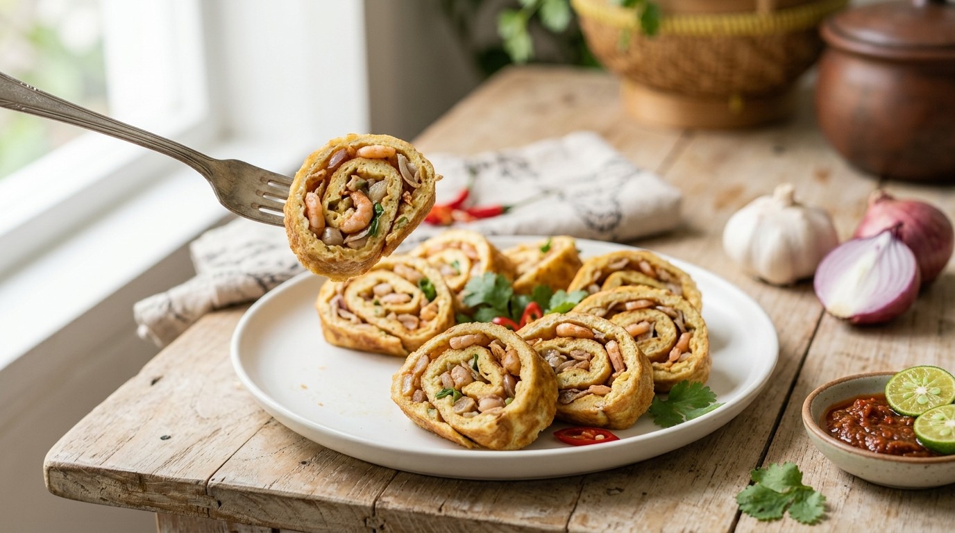 Dadar Udang Goreng (opgerolde Omelet met Garnalen)