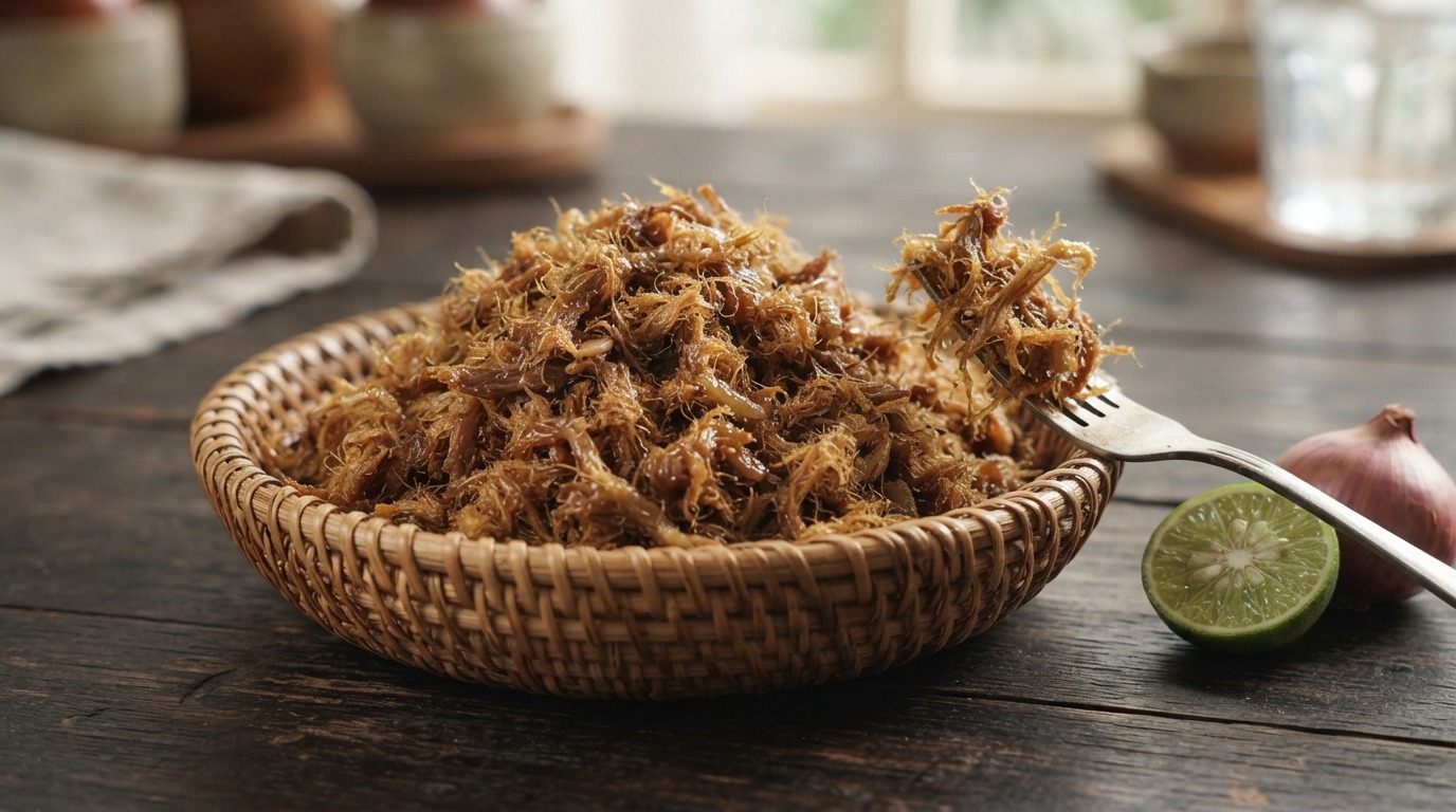 Daging Abon sapi (gestoofd mild gekruid rundvlees)
