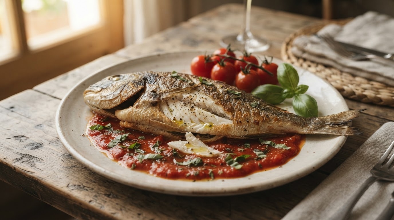Dorade met tomaten-basilicumsaus