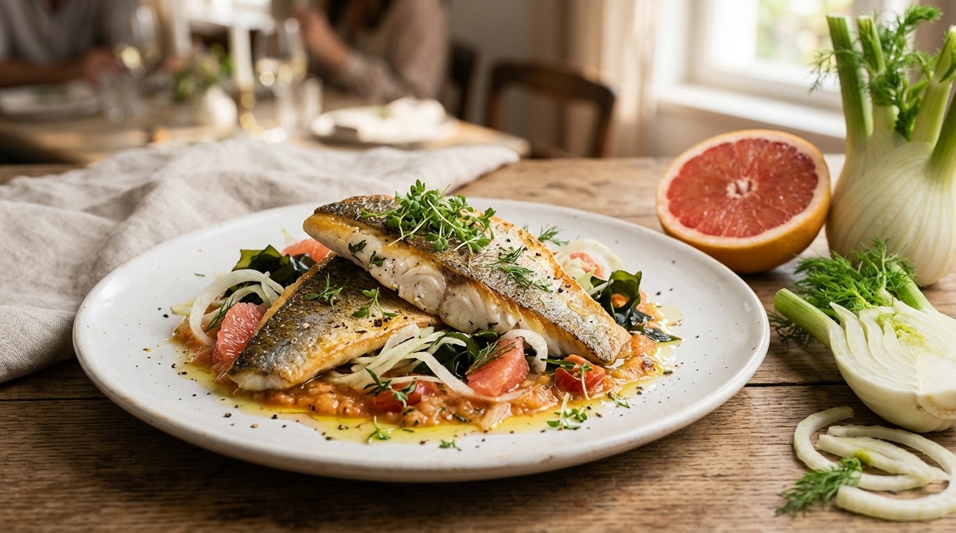 Dorade op de Huid met Tomaatfondue, Wakame en Venkel