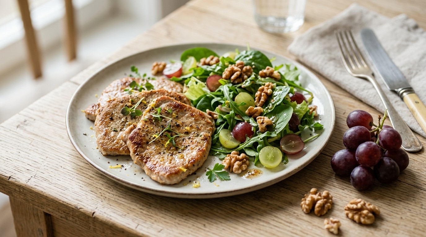 Dunne Kalfslapjes met Salade, Walnoten en Druiven