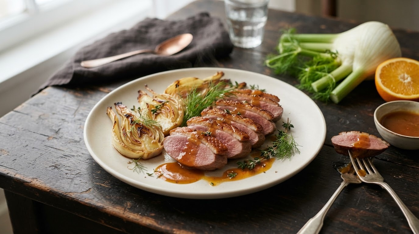 Eendenborst met venkel-sinaasappelsaus