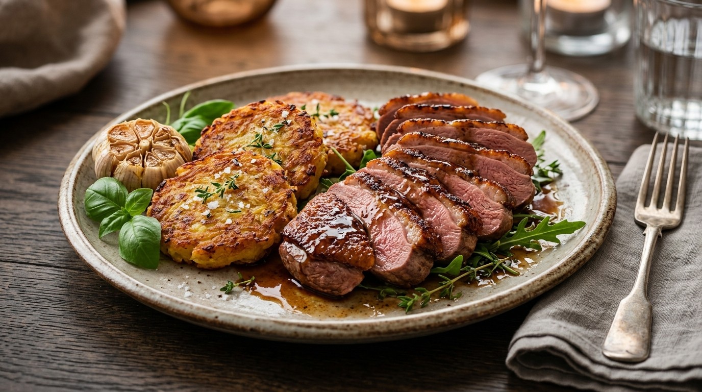 Eendenborstfilet met aardappelkoekjes