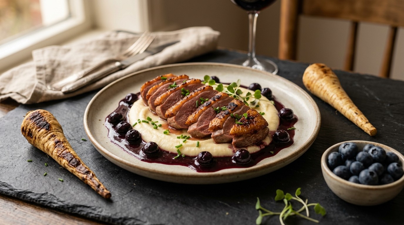 Eendenborstfilet met Pastinaak en Blauwe Bessensaus