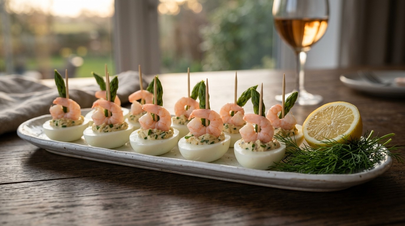 Ei (brandarilla) met garnaal en asperge