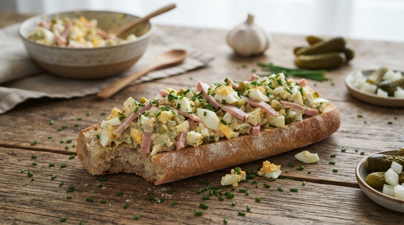 Eiersalade met ham, knoflook en mosterd