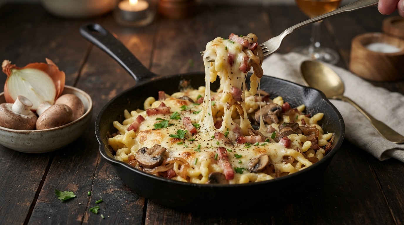 Eierspätzle met champignons, ui, spek en kaas