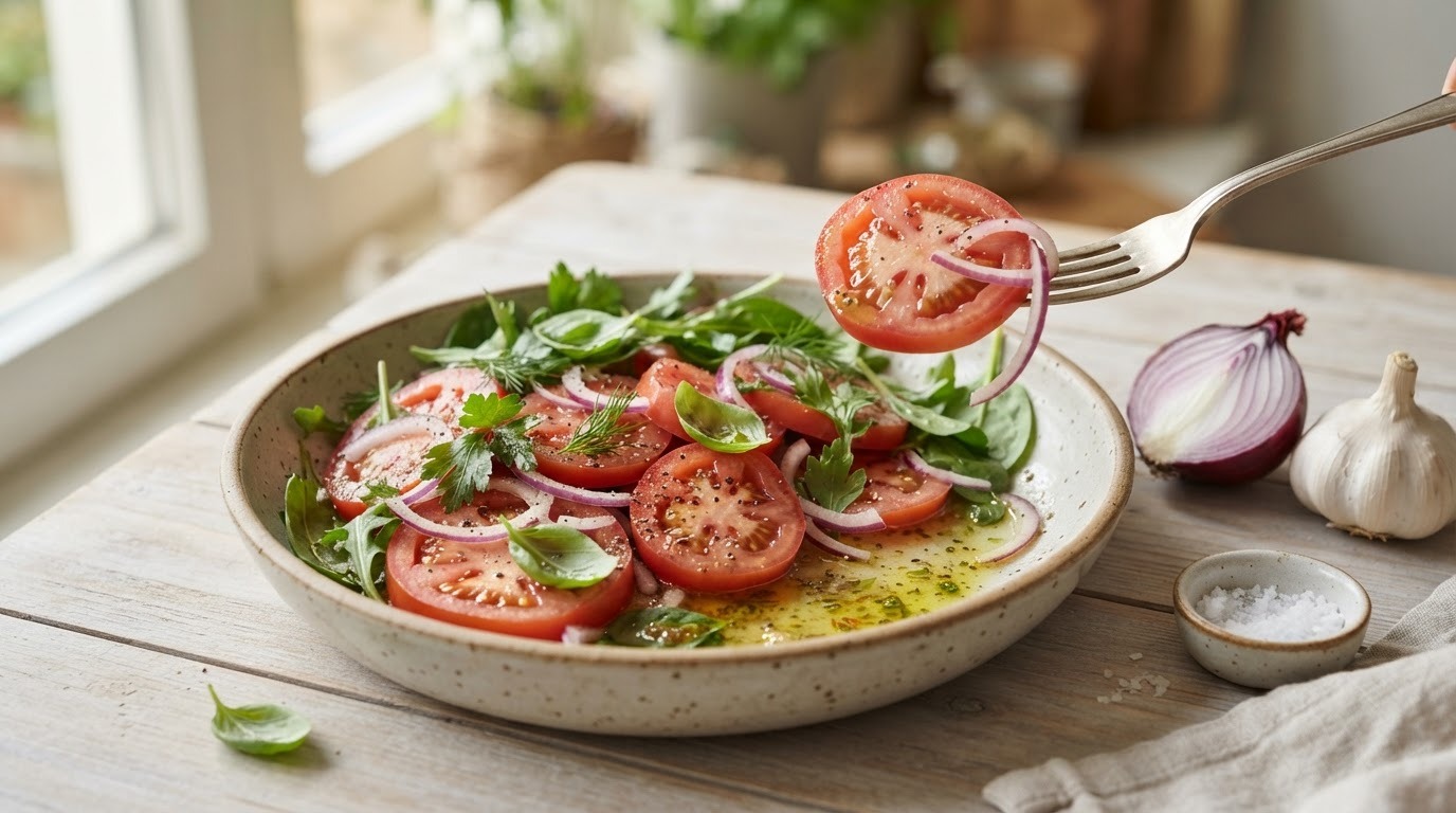 Eigen gemaakte tomatensalade