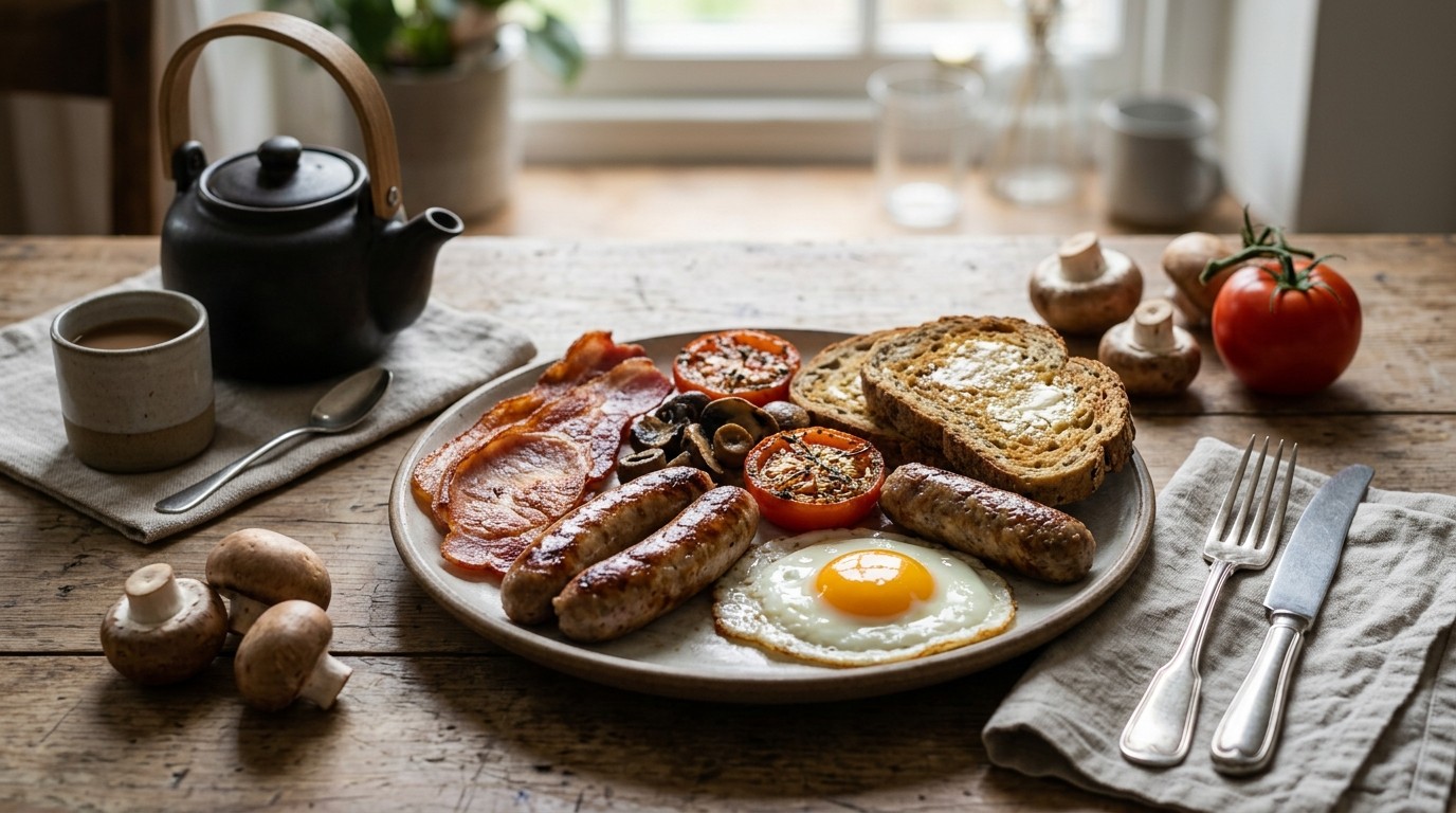 Engels Grill-ontbijt met Worst, Bacon en ei