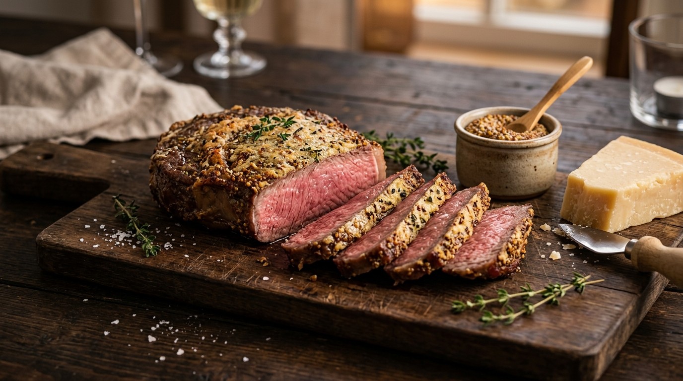 Entrecote met parmezaan-mosterdkorst