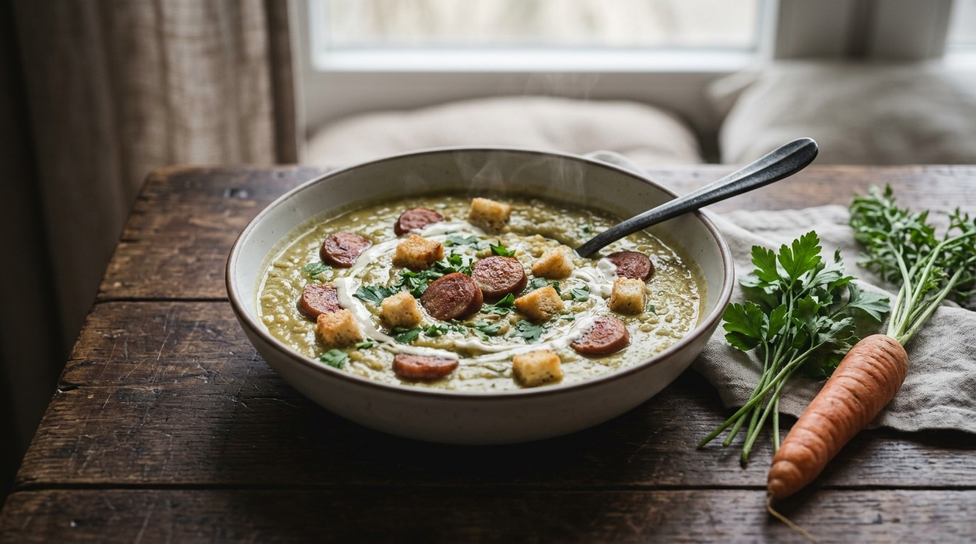 Erwtensoep met worst en croutons