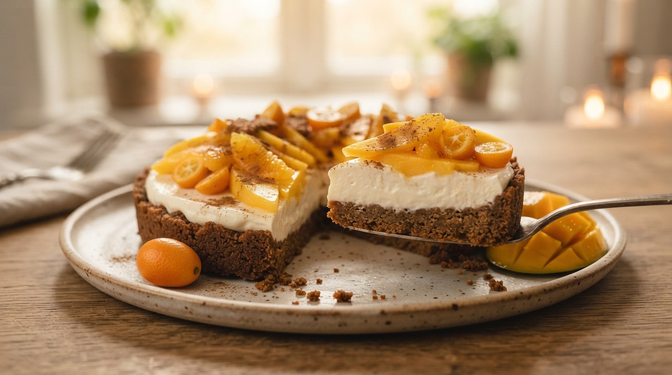 Exotische speculaastaart met mango, sinaasappel en kumquat
