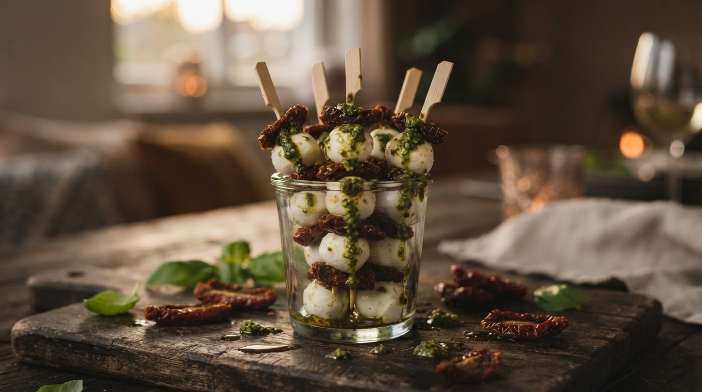 Feestelijke cocktailprikkers met pesto-mozzarella