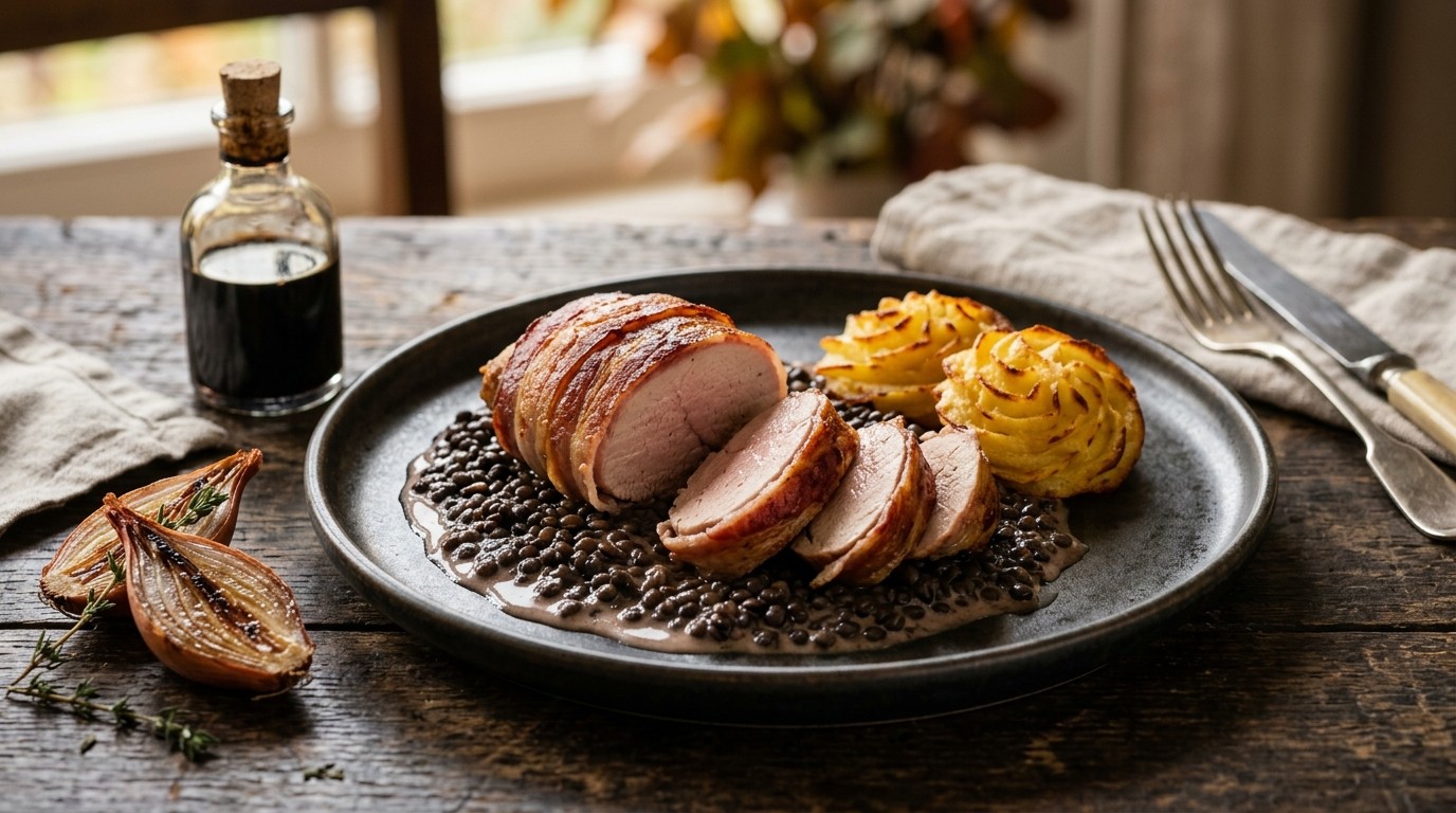 Filet van Fazantborst in Bacon met Aardappel en Linzen