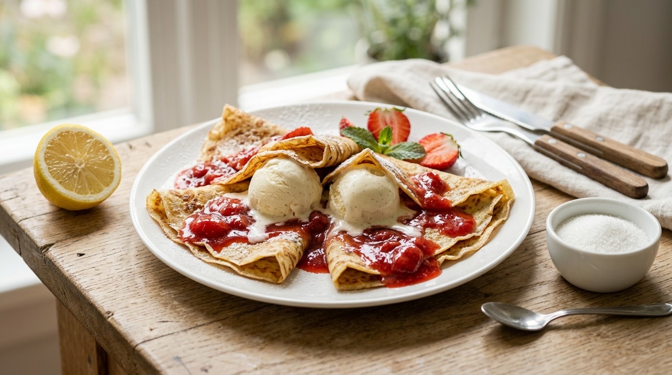Flensjes met ijs en aardbeiensaus