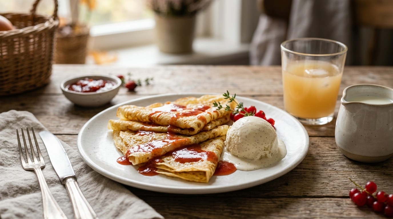 Flensjes met Rozebottelsaus en ijs