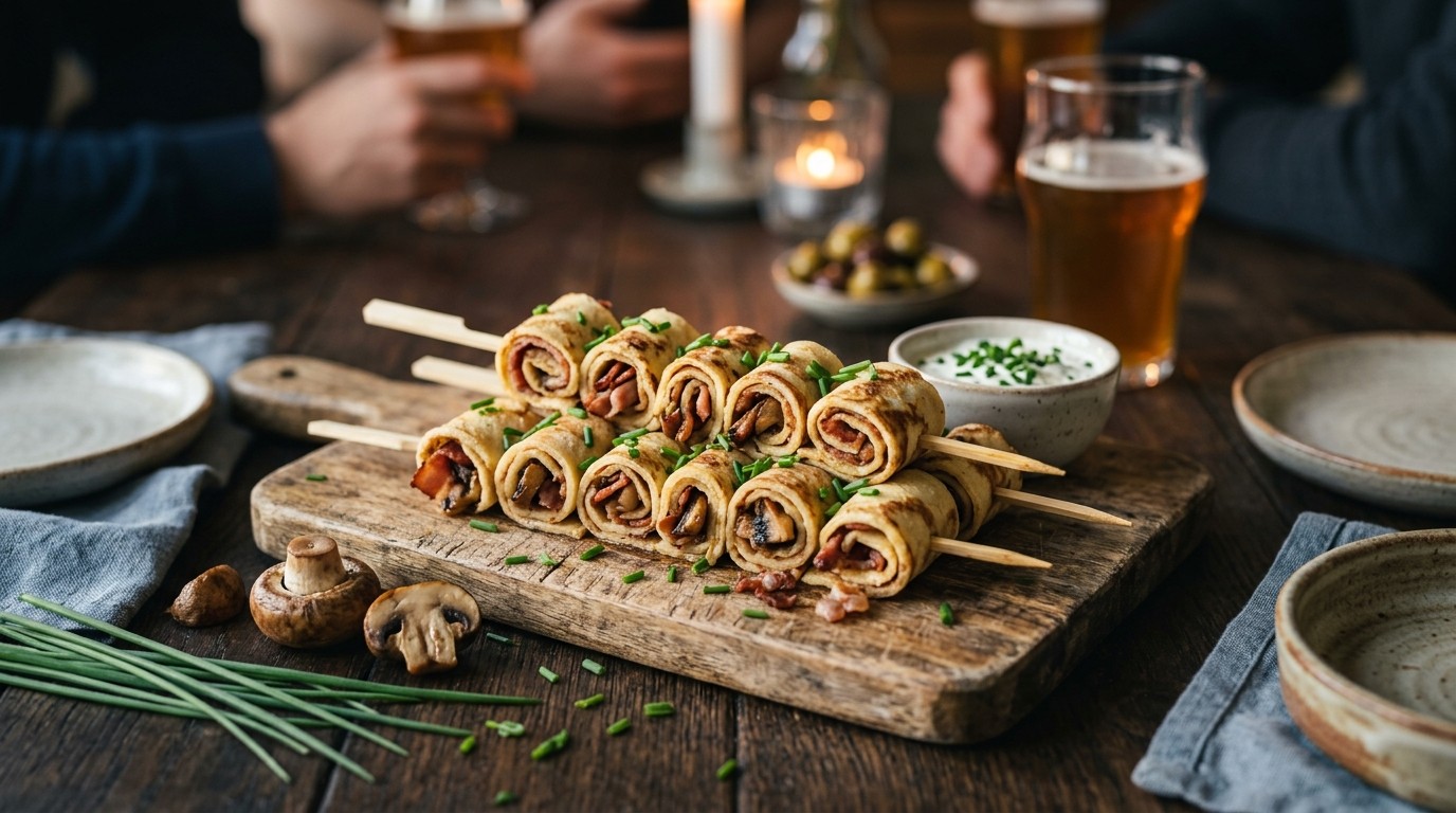 Flensjes Spiesjes met Spekjes en Champignonnen
