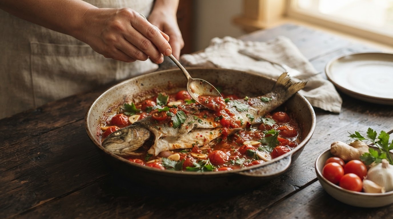 Forel in tomatensaus