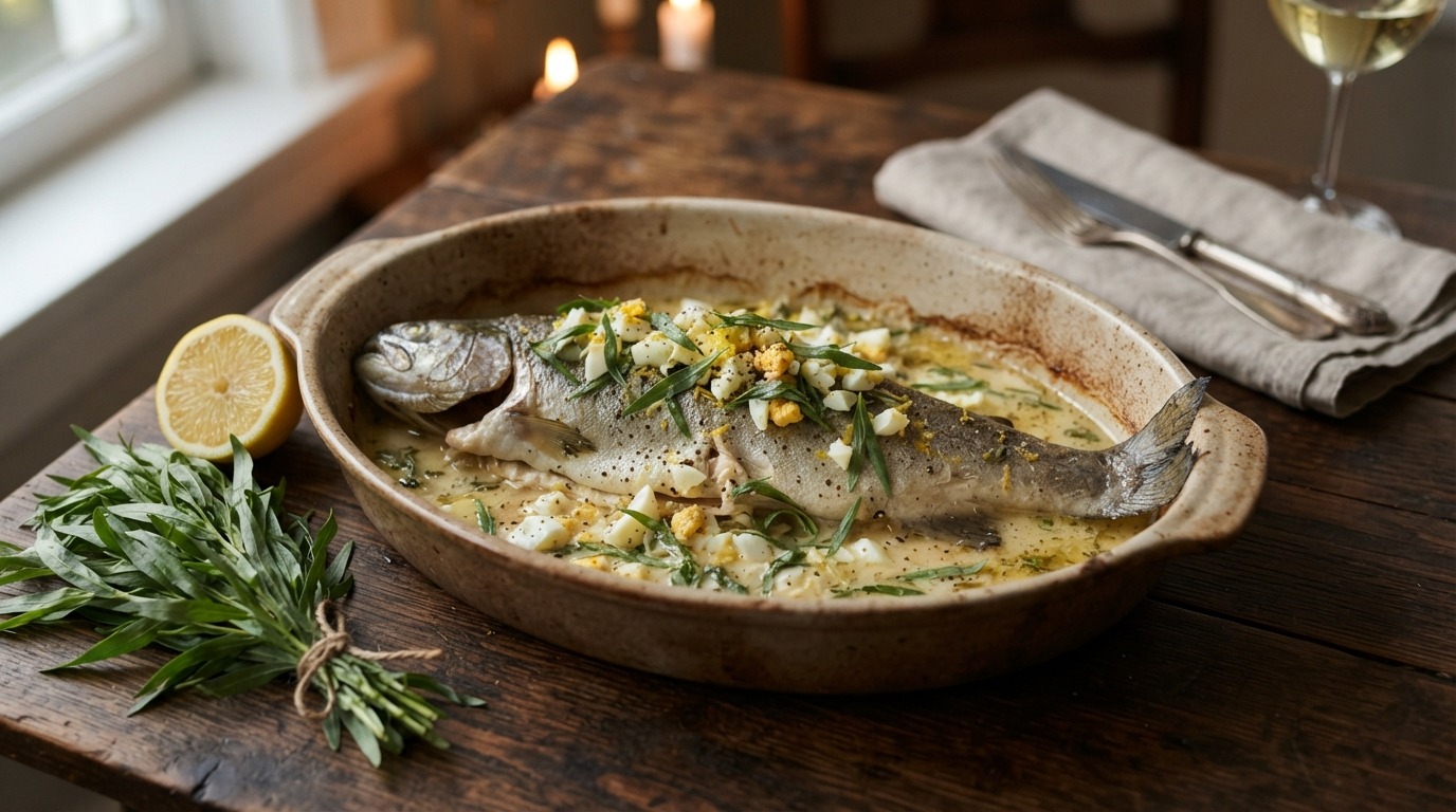 Forel uit de oven met witte wijn en dragon