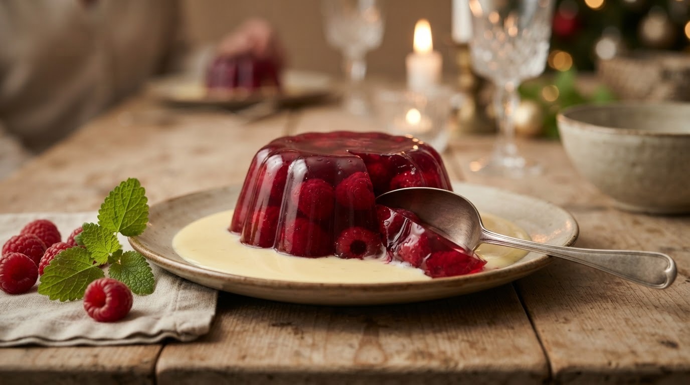 Frambozengelei met vanillesaus