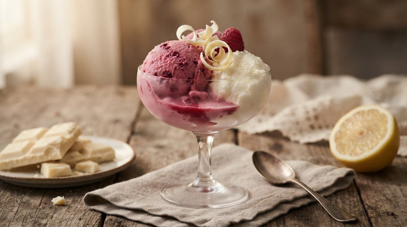 Frambozenijs met witte chocolademousse